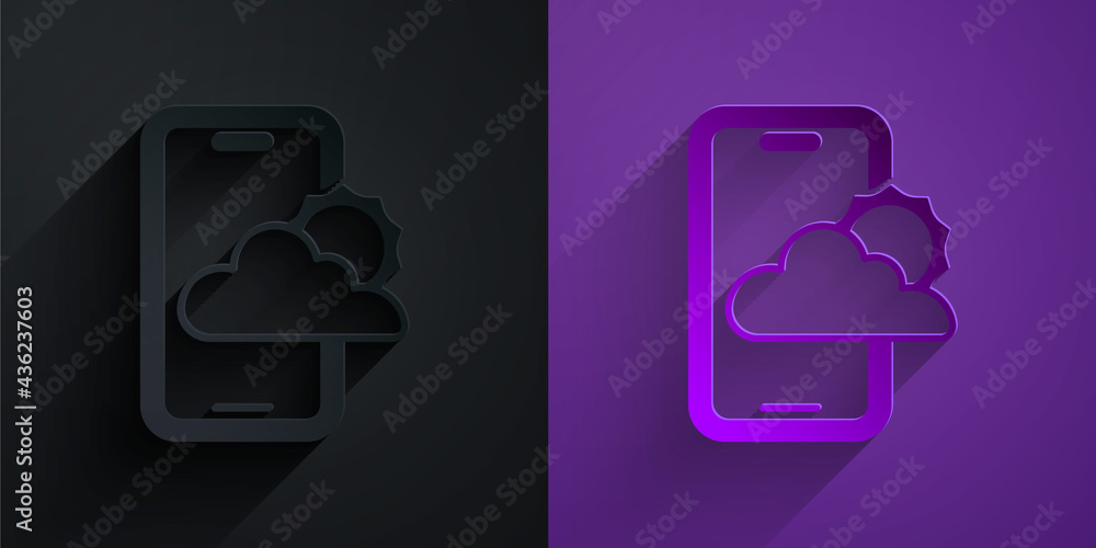 Paper cut Weather forecast icon isolated on black on purple background. Paper art style. Vector