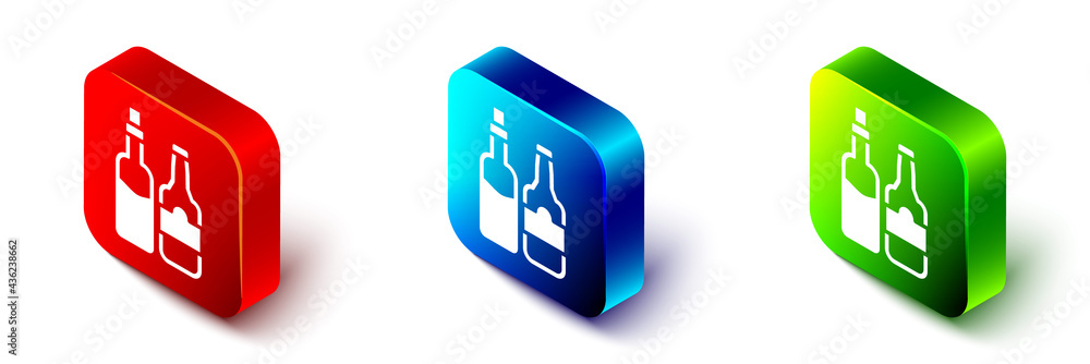 Isometric Whiskey bottle icon isolated on white background. Red, blue and green square button. Vecto