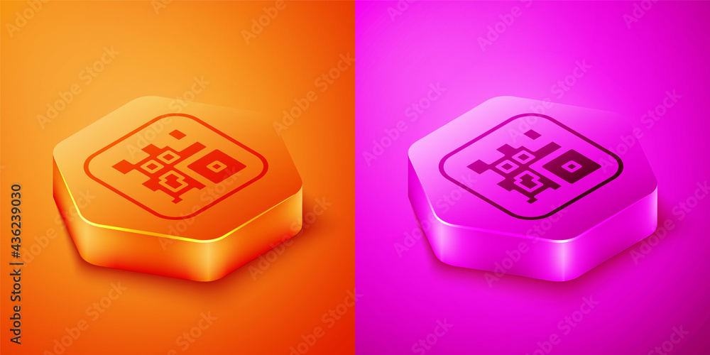 Isometric QR code sample for smartphone scanning icon isolated on orange and pink background. Hexago