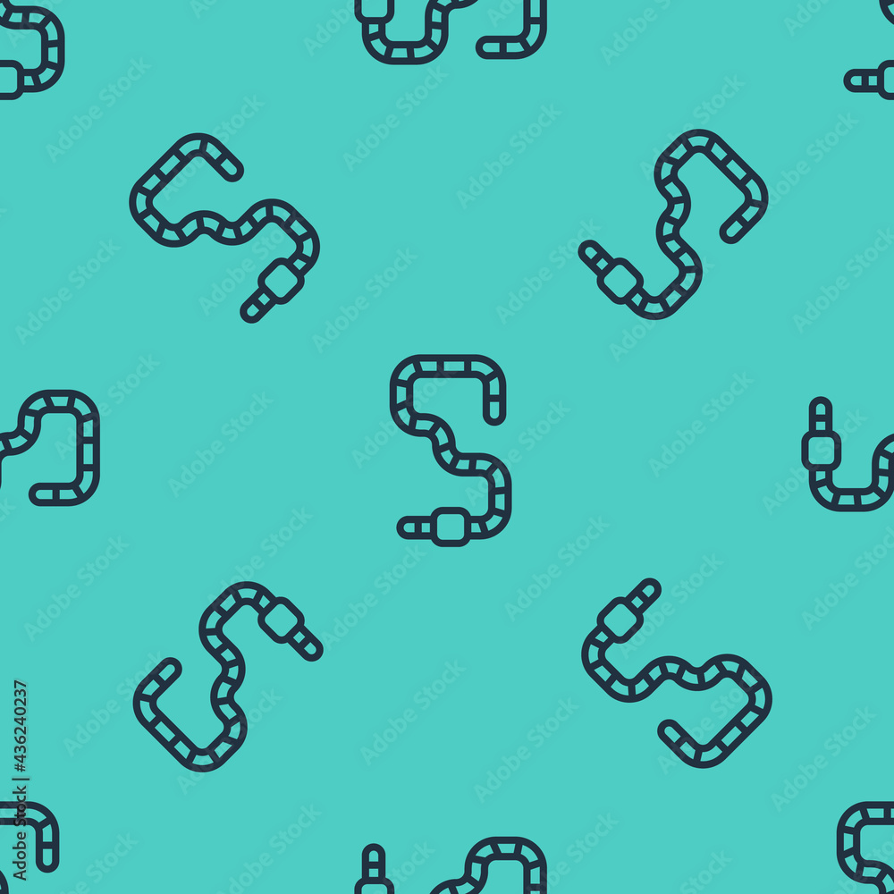 Black line Worm icon isolated seamless pattern on green background. Fishing tackle. Vector