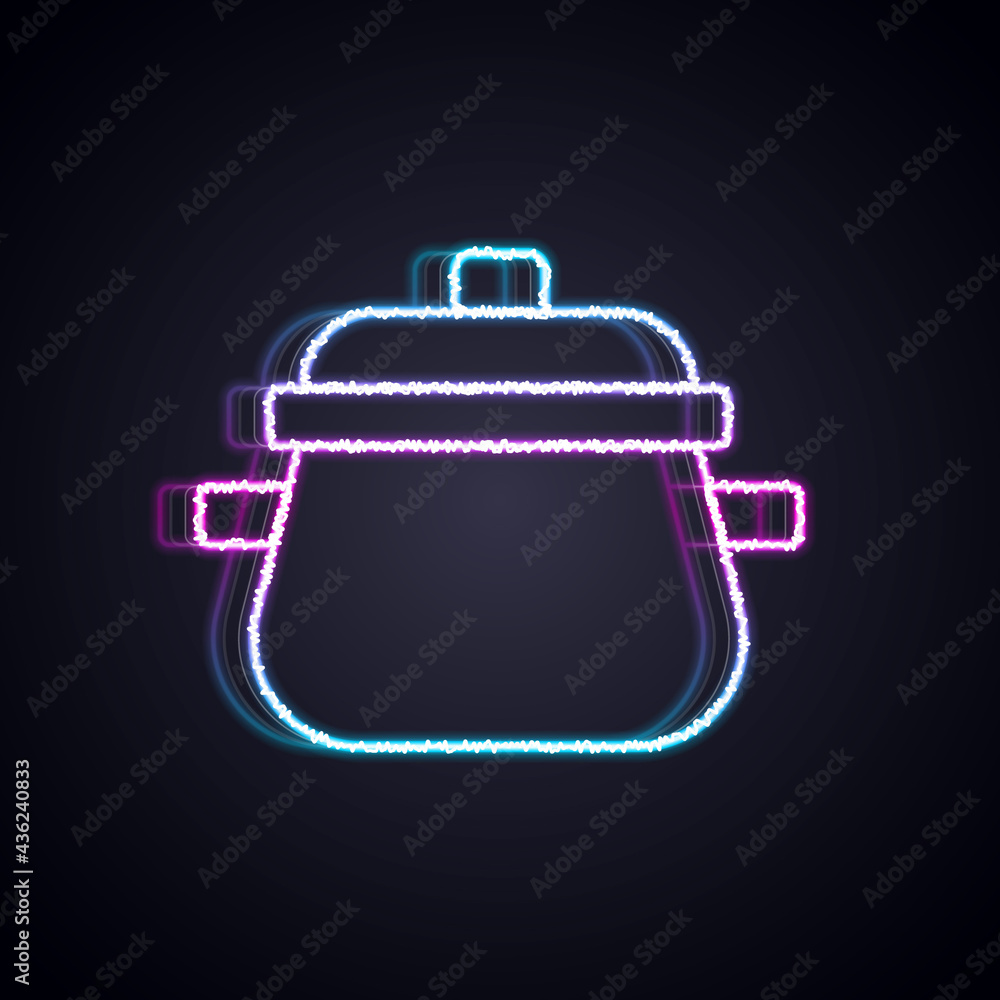 Glowing neon line Cooking pot icon isolated on black background. Boil or stew food symbol. Vector