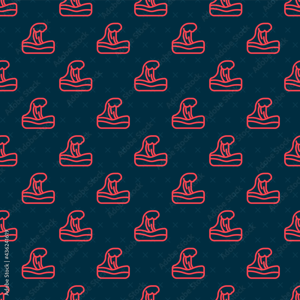 Red line Tsunami icon isolated seamless pattern on black background. Flood disaster. Stormy weather 