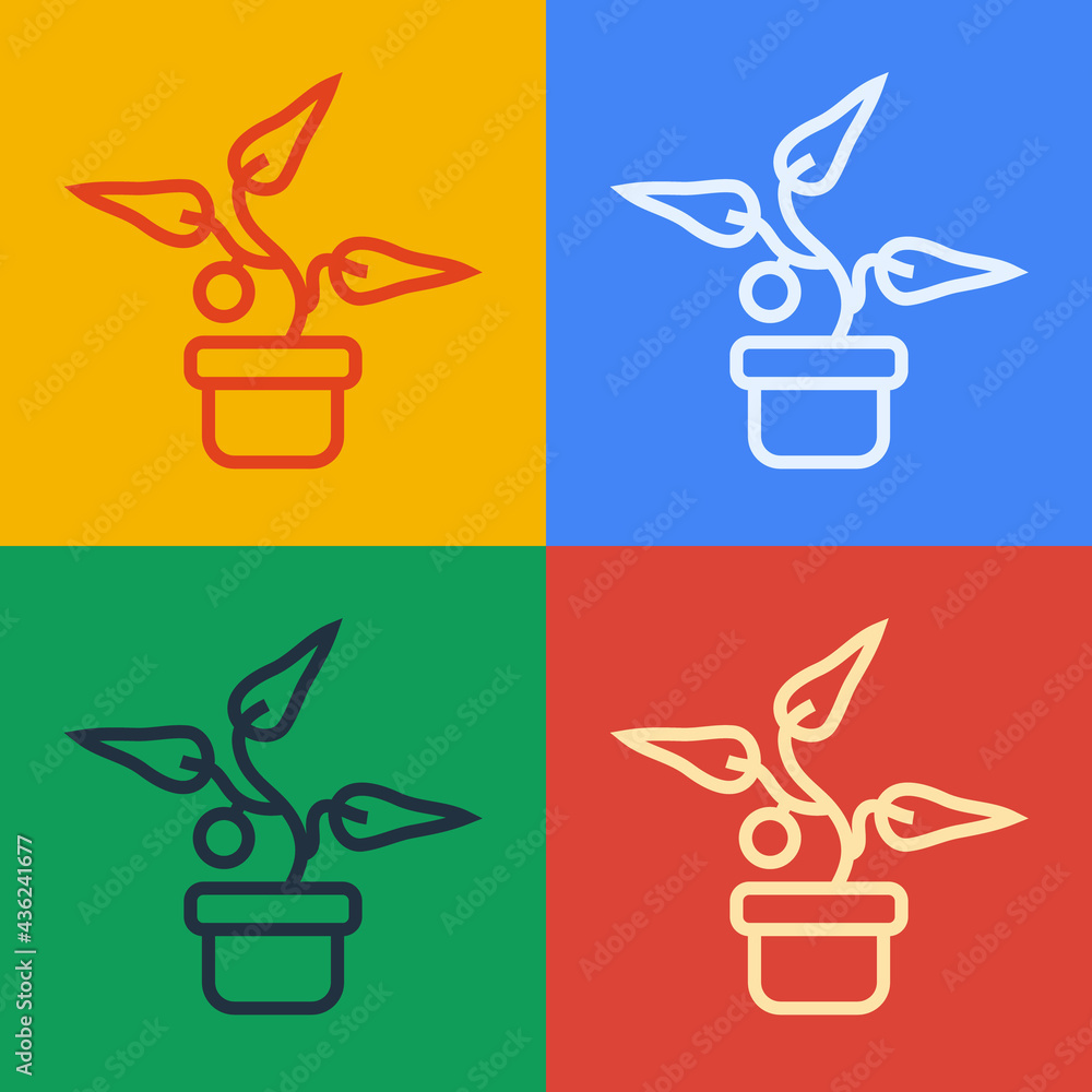 Pop art line Plant in pot icon isolated on color background. Plant growing in a pot. Potted plant si