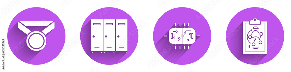 设置勋章、储物柜或更衣室、曲棍球桌和长阴影规划策略图标。矢量