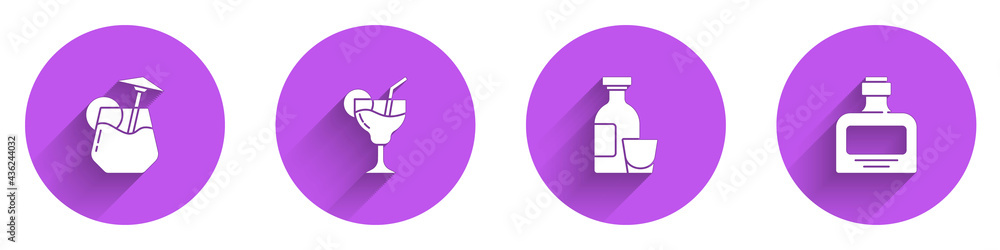 Set Cocktail, , Alcohol drink Rum and Whiskey bottle icon with long shadow. Vector