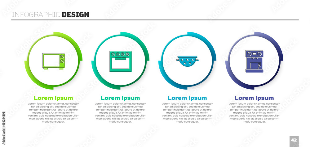 设置微波炉、烤箱、厨房漏勺和咖啡机。商业信息图模板。矢量