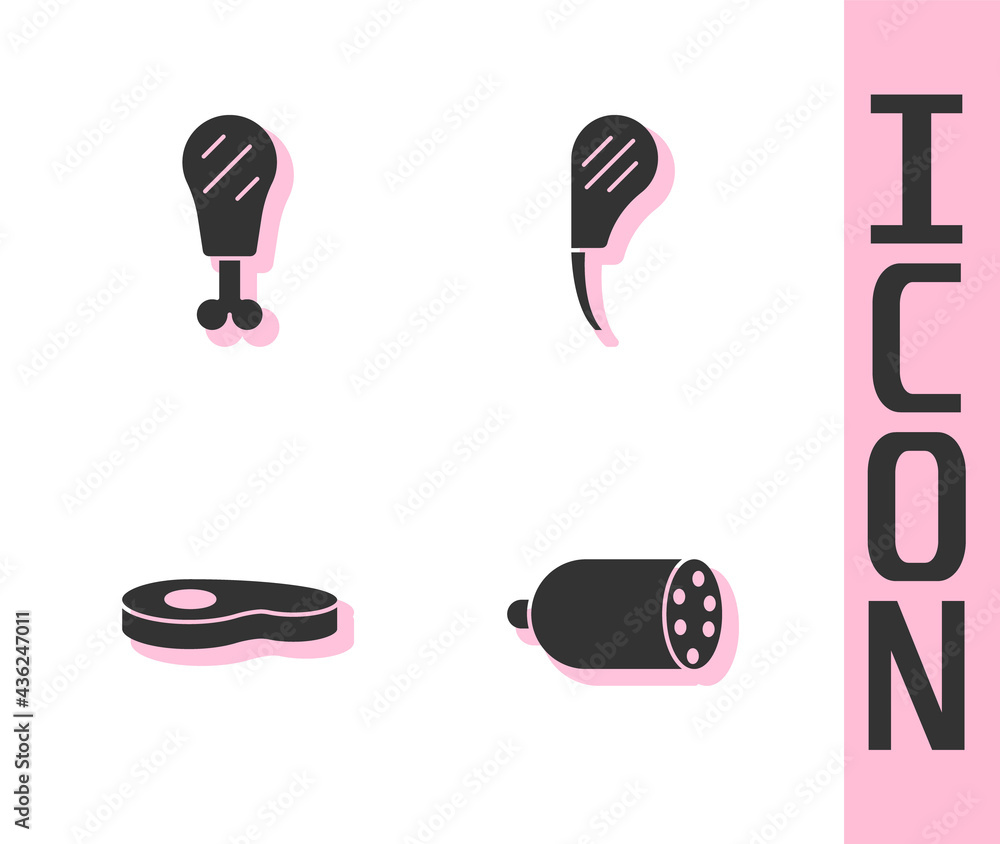 Set Salami sausage, Chicken leg, Steak meat and Rib eye steak icon. Vector