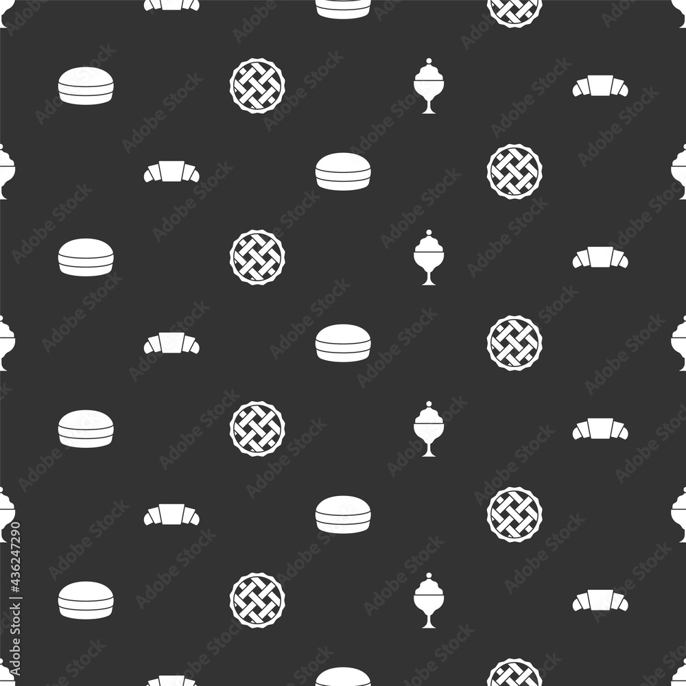 Set Ice cream in bowl, Croissant, Macaron cookie and Homemade pie on seamless pattern. Vector