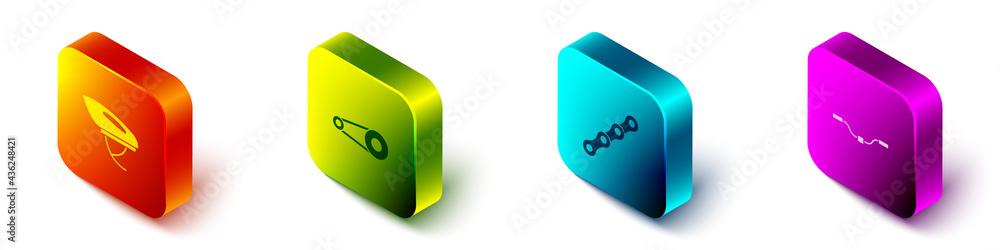 设置等距自行车头盔、带齿轮的链条和车把图标。矢量