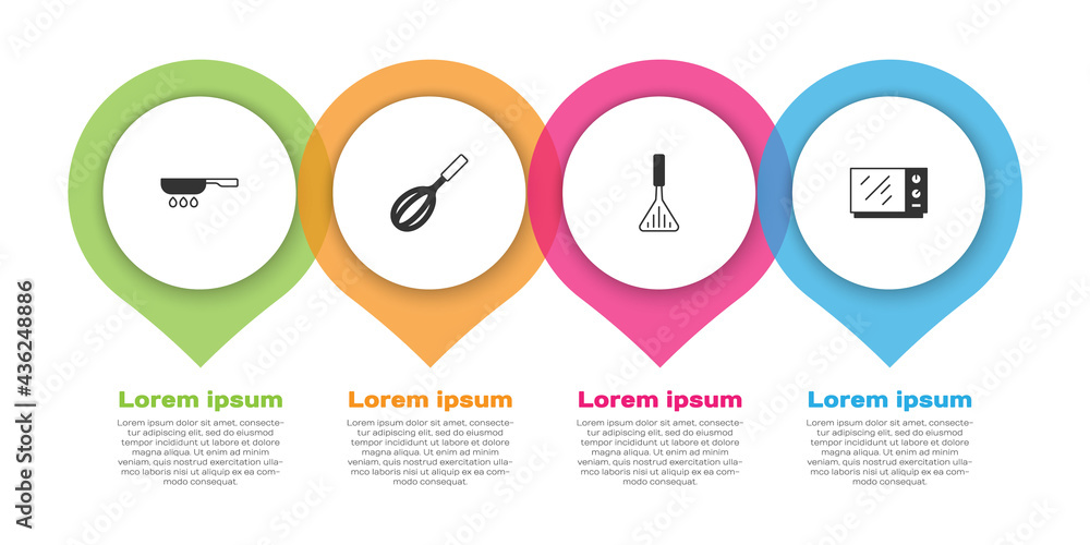 套装煎锅、厨房搅拌器、烧烤抹刀和微波炉。商业信息图模板.V