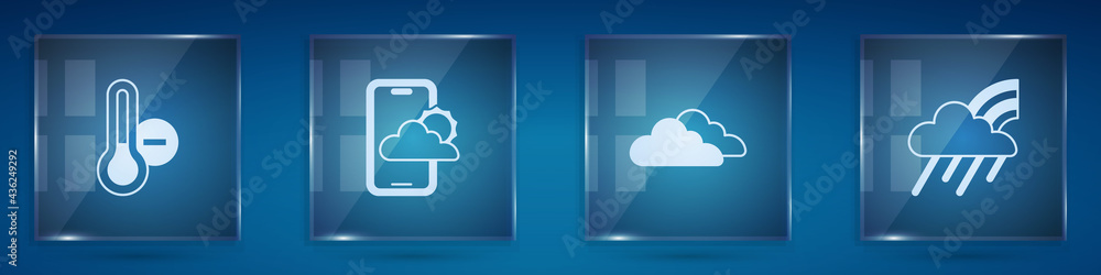 Set Meteorology thermometer, Weather forecast, Cloud and Rainbow with cloud and rain. Square glass p