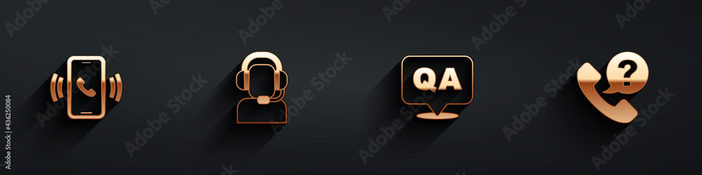 Set Telephone 24 hours support, Man with a headset, Question and Answer and icon with long shadow. V