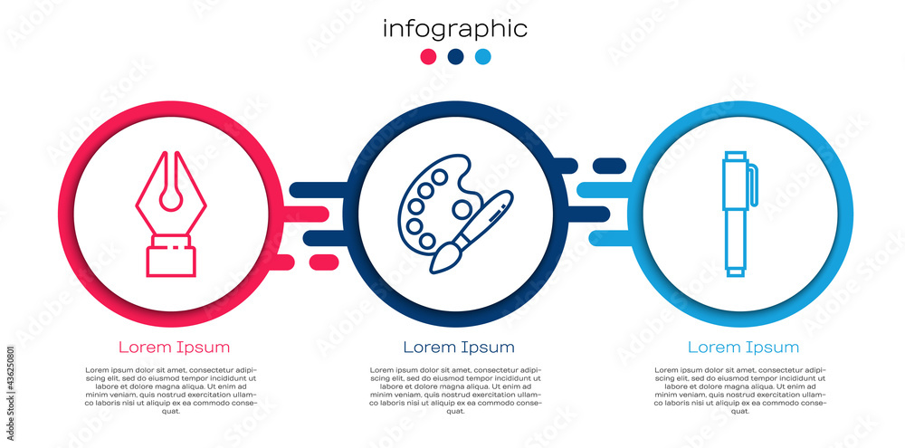 Set line Fountain笔尖，带调色板和画笔的画笔。商业信息图模板。Vector