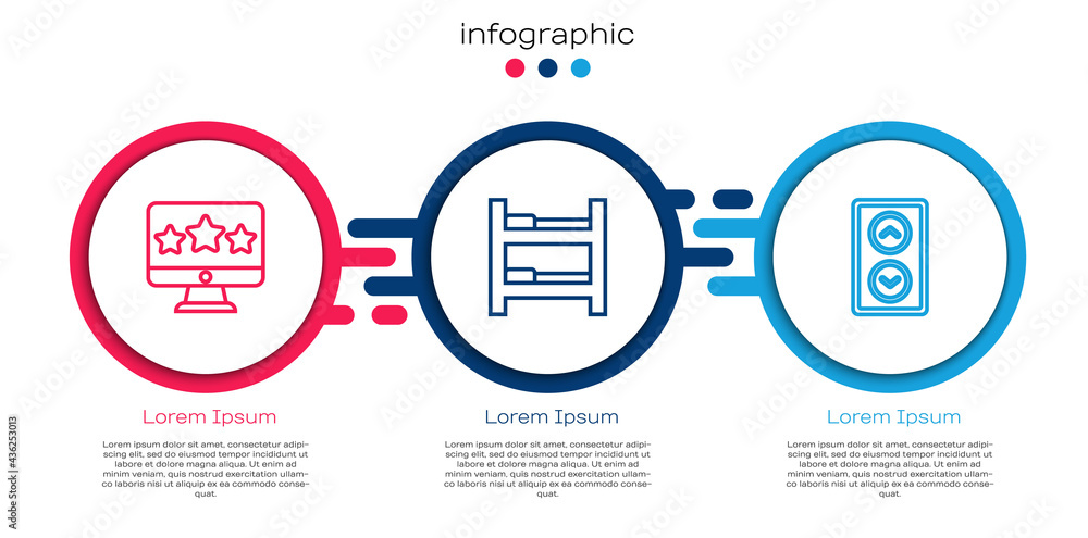 Set line五星评级评论，酒店客房床和电梯。商业信息图模板。Vector