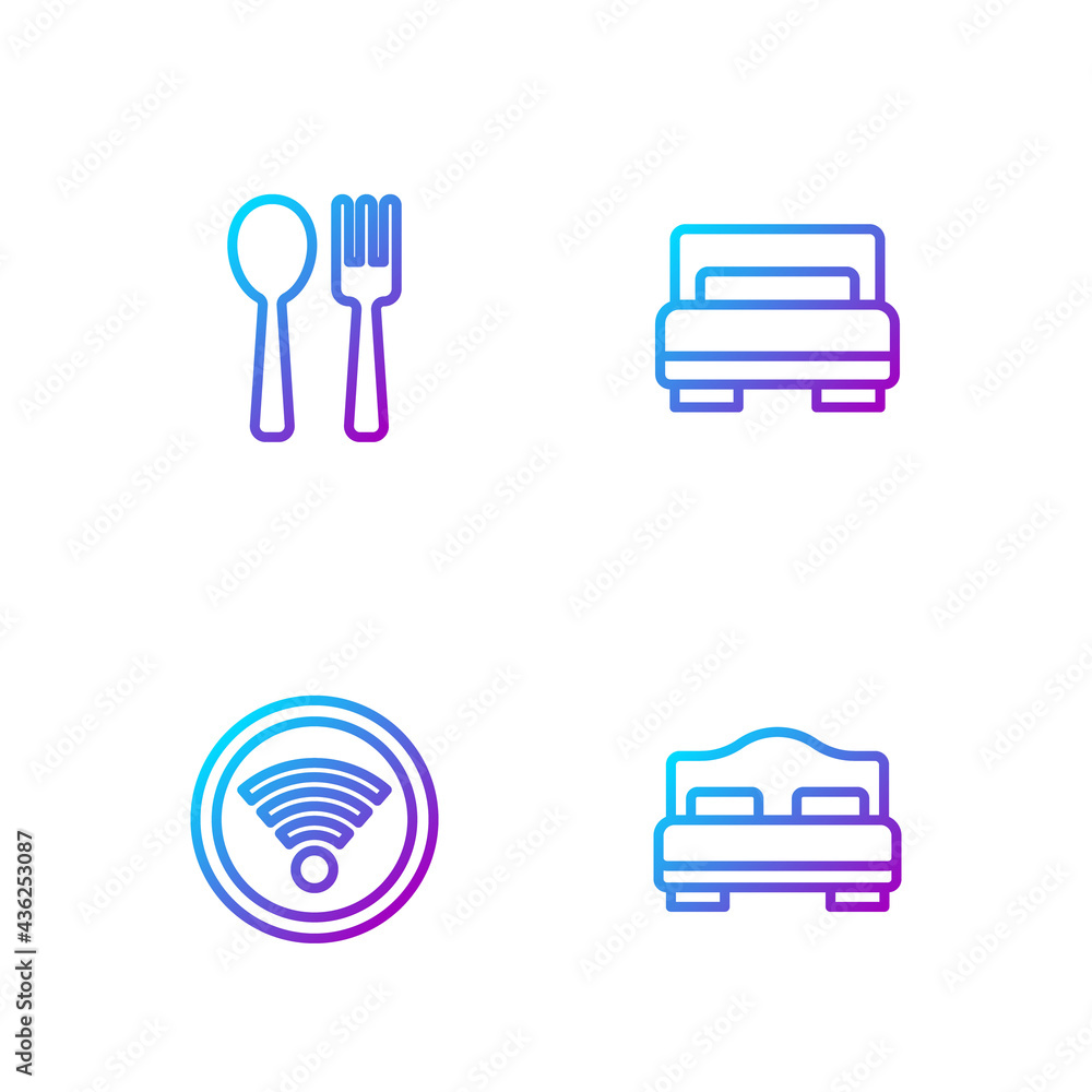 Set line Hotel room bed, Wi-Fi wireless, Fork and spoon and . Gradient color icons. Vector