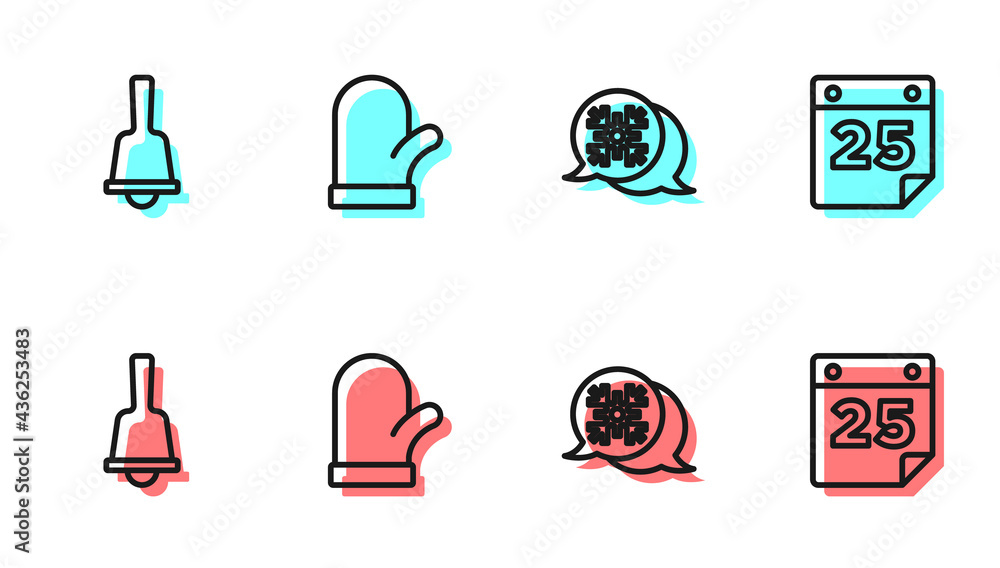 Set line Snowflake speech bubble, Merry Christmas ringing bell, mitten and Calendar icon. Vector