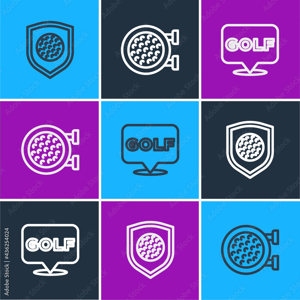 Set line Golf ball with shield, label and sport club icon. Vector