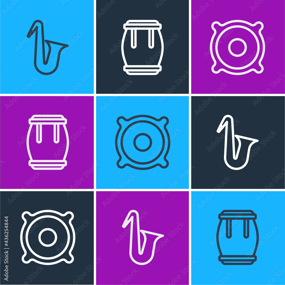 Set line Musical instrument saxophone, Stereo speaker and Drum icon. Vector