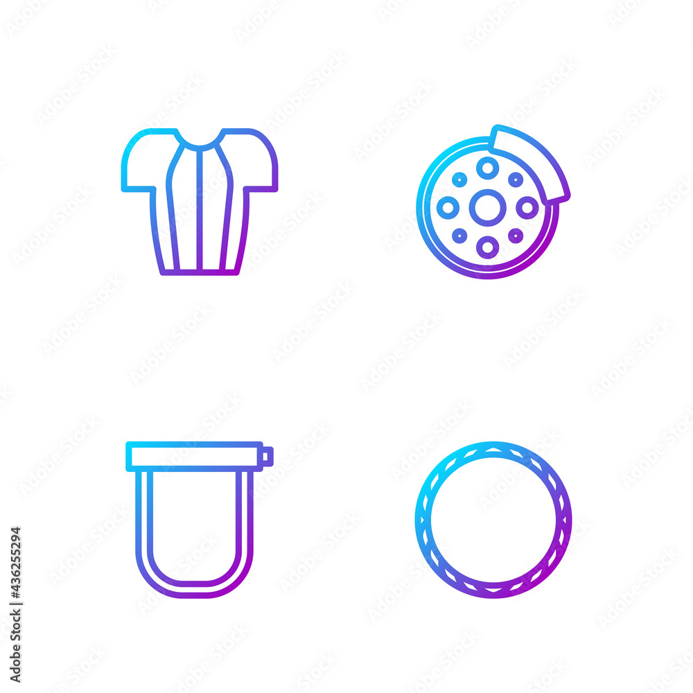 Set line Bicycle wheel, lock, Cycling t-shirt and brake disc. Gradient color icons. Vector