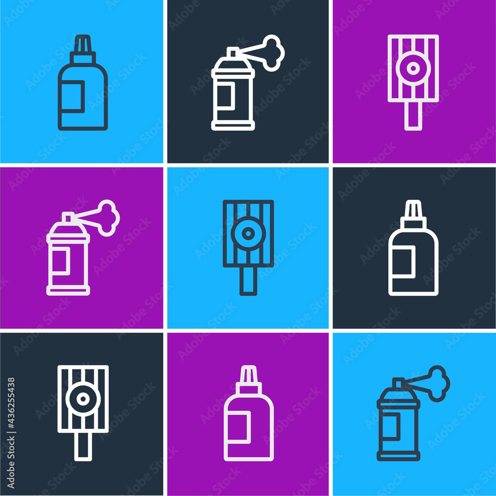 Set line Paint, gouache, jar, dye, Spray can nozzle cap and spray icon. Vector