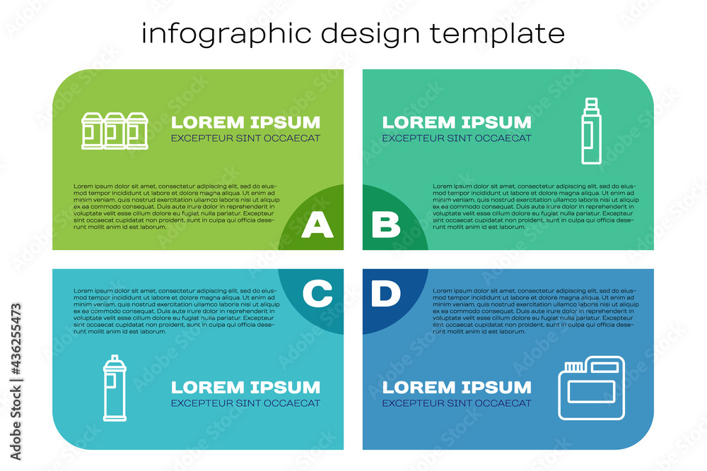 设线喷漆罐，油漆，水粉，罐子，染料和记号笔。商业信息图模板。