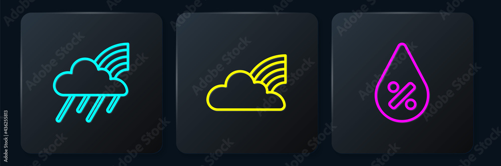 Set line Rainbow with cloud and rain, Water drop percentage and clouds. Black square button. Vector