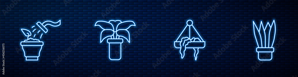 Set line Plant in hanging pot, Spraying plant, Exotic tropical and . Glowing neon icon on brick wall