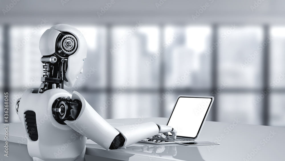 Robot humanoid use laptop and sit at table in future office while using AI thinking brain , artifici