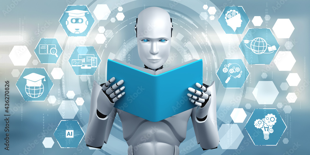 3D illustration of robot humanoid reading book in concept of future artificial intelligence and 4th 