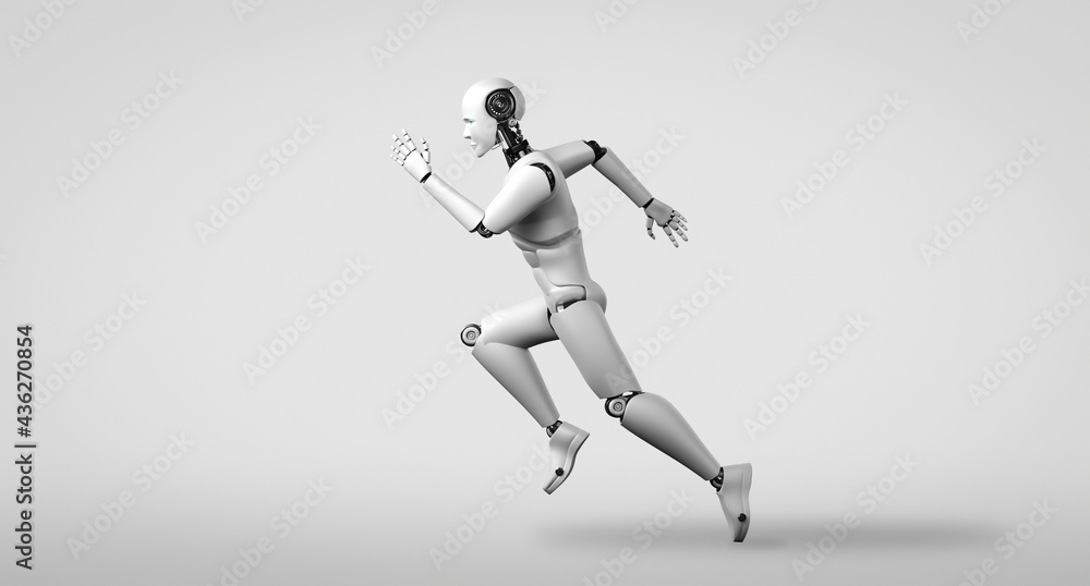 Running robot humanoid showing fast movement and vital energy in concept of future innovation develo