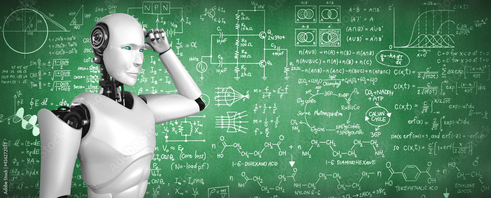 Thinking AI humanoid robot analyzing screen of mathematics formula and science equation by using art