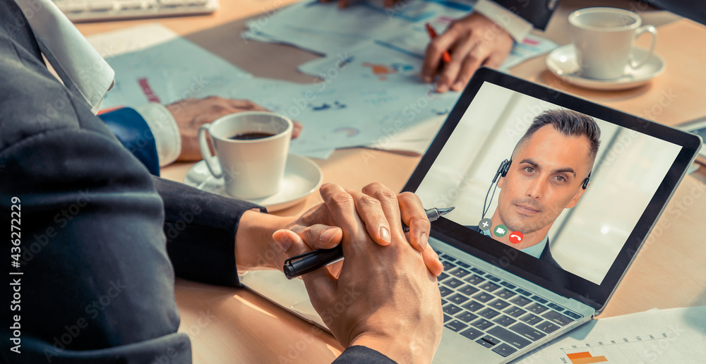 Video call group business people meeting on virtual workplace or remote office. Telework conference 