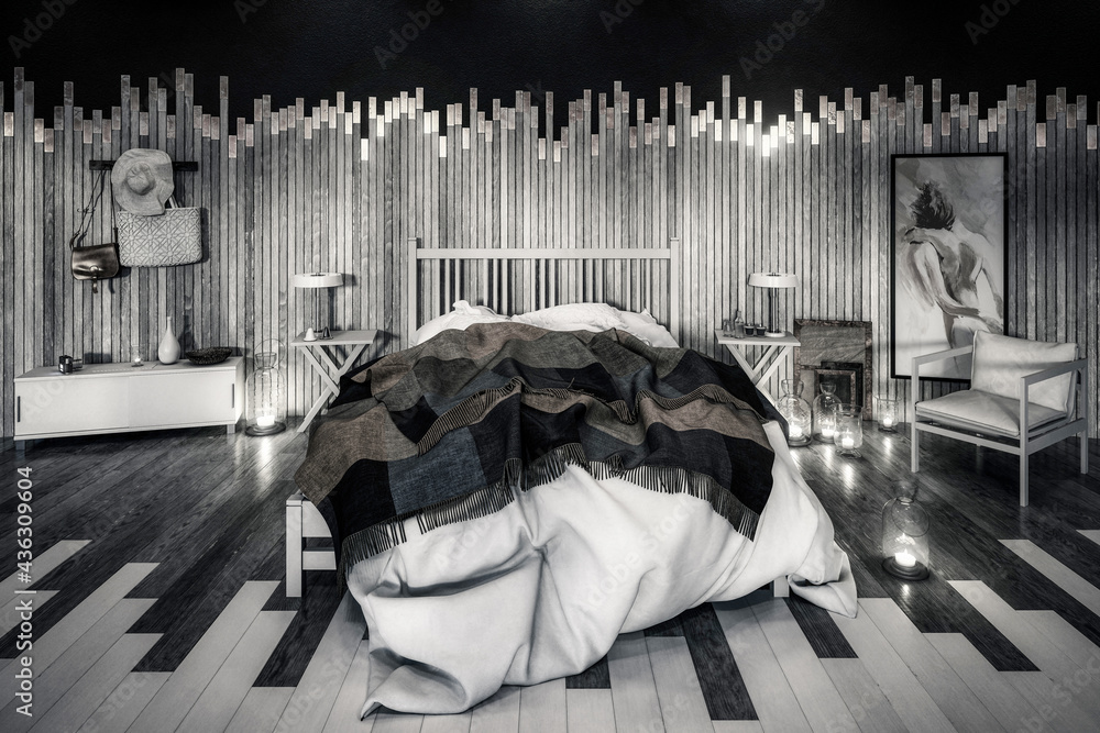 Gentle Bedroom Design Arrangement in Wood - black and white 3D Visualization