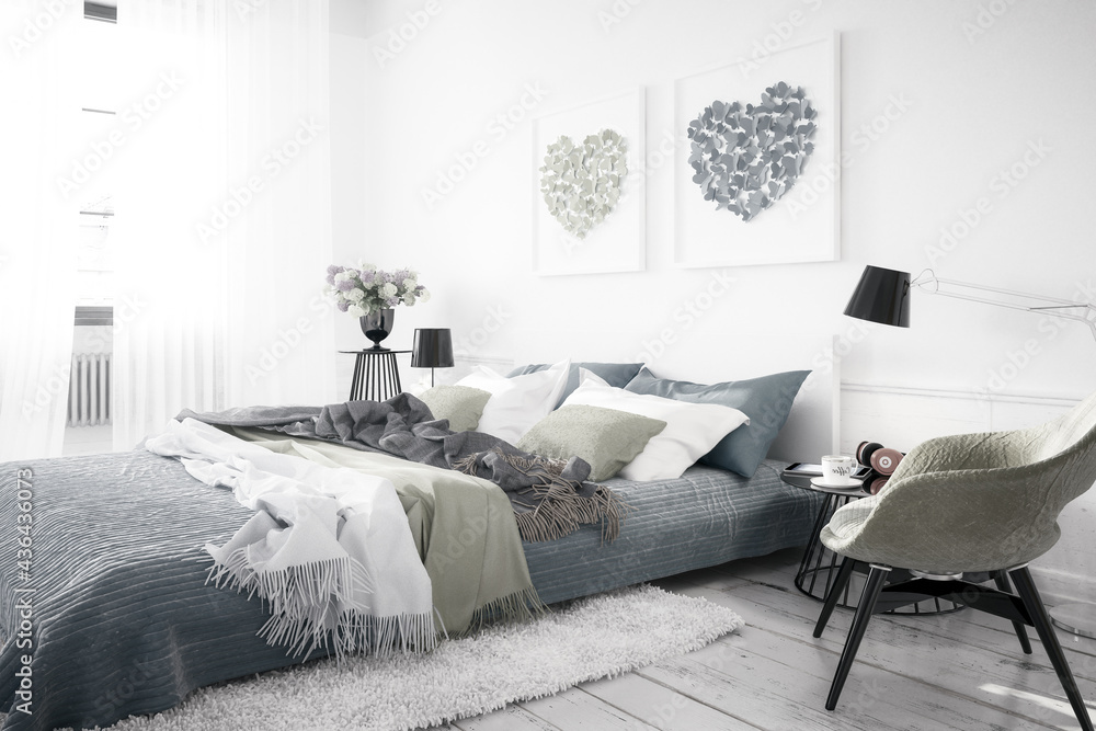 Cosy Summer Colors Bedroom By Daylight - black and white 3D Visualization