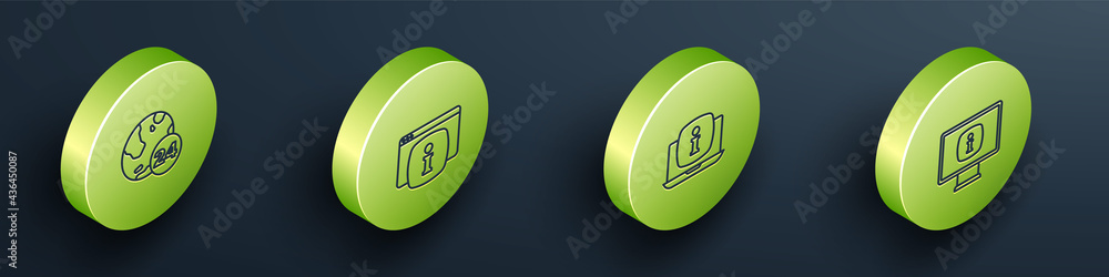 Set Isometric line Telephone 24 hours support, Monitor with FAQ information, Laptop and icon. Vector