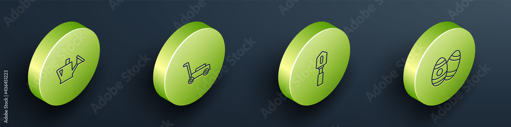 Set Isometric line Watering can, Lawn mower, Shovel and Easter egg icon. Vector