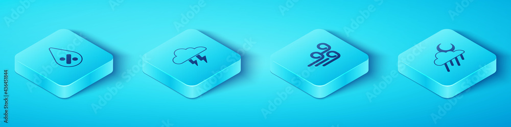 Set Isometric Water drop percentage, Storm, Cloud with rain and moon and Windy weather icon. Vector