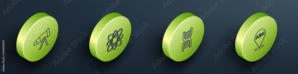 Set Isometric Telescope, Atom, DNA symbol and Alphabet icon. Vector