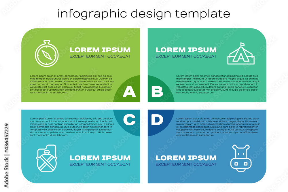 设置线食堂水瓶，指南针，河马或河马和旅游帐篷。商业信息图