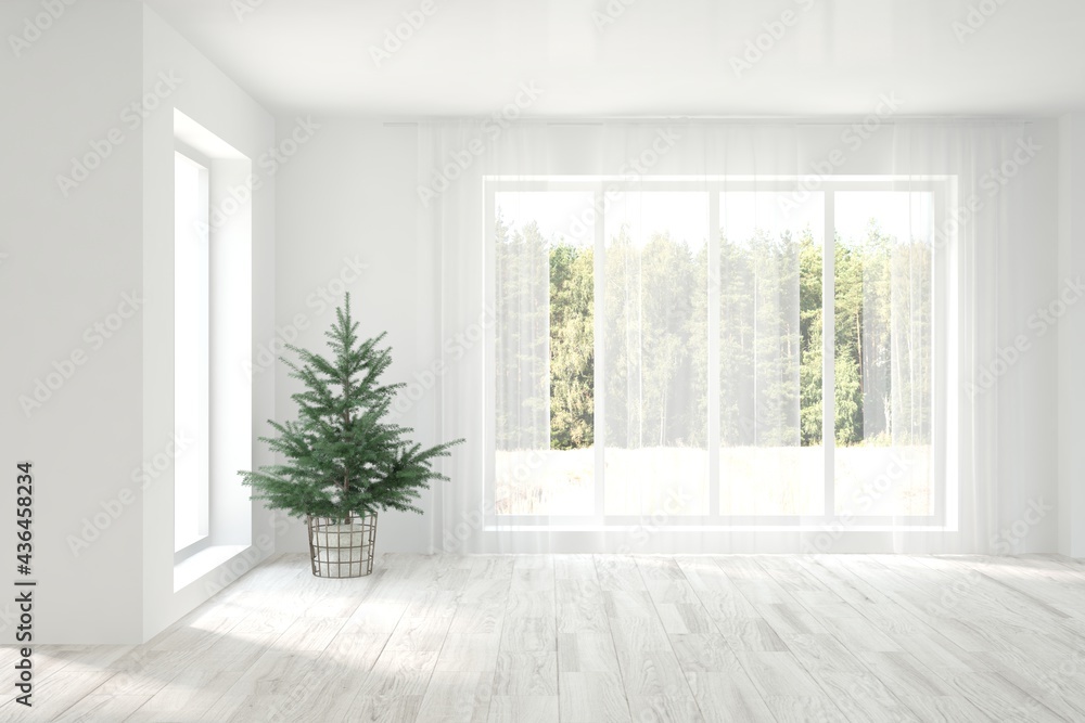 White empty room with summer landscape in window. Scandinavian interior design. 3D illustration