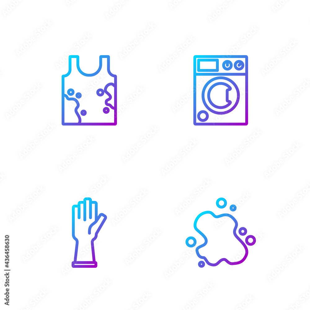 Set line Water spill, Rubber gloves, Dirty t-shirt and Washer. Gradient color icons. Vector