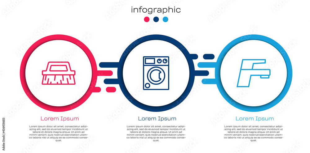 Set line Brush for cleaning, Washer and Water tap. Business infographic template. Vector