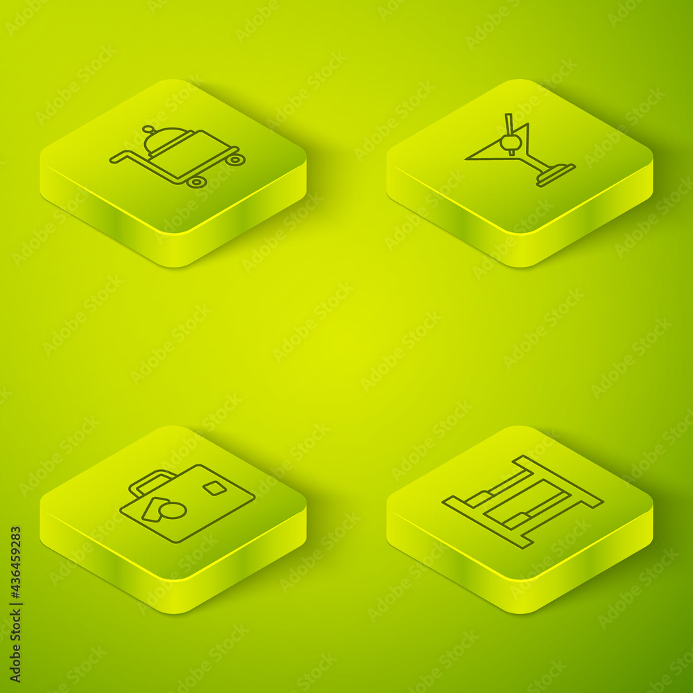 Set Isometric line Martini glass, Suitcase, Hotel room bed and Covered with tray icon. Vector