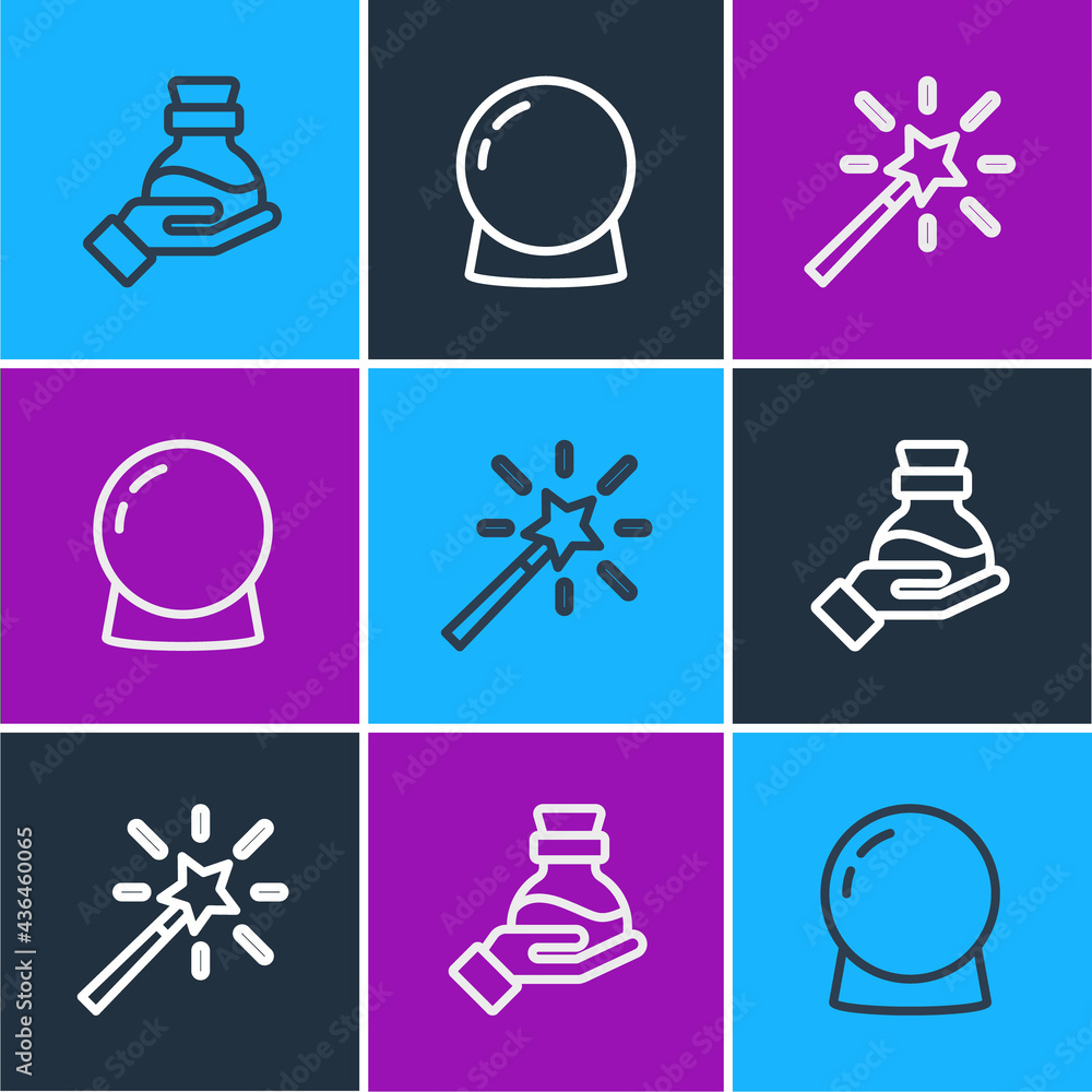 Set line Bottle with potion, Magic wand and ball icon. Vector