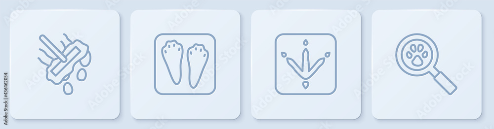 Set line Mop, Chicken paw footprint, Rabbit and hare and Paw search. White square button. Vector