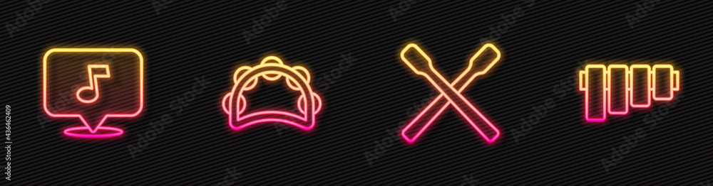 Set line Drum sticks, Music note, tone, Tambourine and Pan flute. Glowing neon icon. Vector