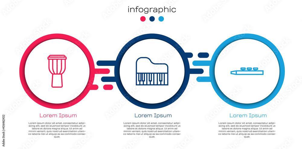 Set line Drum, Grand piano and drum sticks. Business infographic template. Vector