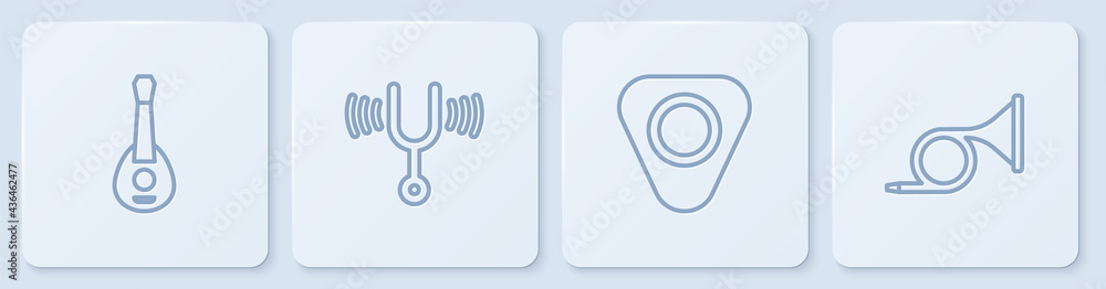 设置线吉他，拨片，音乐音叉和小号。白色方形按钮。矢量
