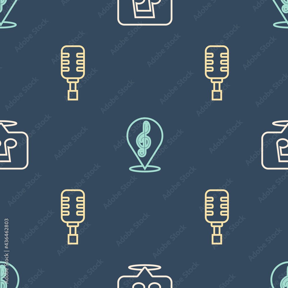 Set line Music note, tone, Microphone and Treble clef on seamless pattern. Vector