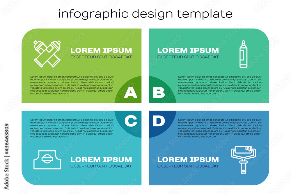 设置线喷壶喷嘴帽、喷漆器、滚筒刷和记号笔。商业信息图templa